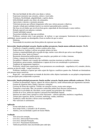 • Não tem facilidade de fala sobre seus ideais e valores.
• Expressam raramente suas emoções, calmos e reservados.
• Tolerância, flexibilidade, adaptabilidade e espírito aberto.
• Inflexibilidade quando seus ideais são ameaçados.
• Aproveitam o máximo o momento presente.
• Valorizam pessoas que refletem longamente sobre seus valores pessoais e objetivos.
• Atenção voltada para realidade (interior ou exterior) apreendida pelos sentidos.
• São boas em atividades que envolvem bom-gosto, capacidade de discriminação e senso estético.
• Relação especial com natureza e animais.
• Grande habilidade manual.
• Necessitam trabalhar em algo que acreditam.
• Problema: contraste entre o que gostariam de realizar e o que conseguem. Sentimento de incompetência e
inabilidade, mesmo quando seu desempenho é bom ou melhor do que os outros.
• Modestas.
• Necessidade de encontrar uma forma prática de expressar seus ideais.
Introvertido, função principal sensação, função auxiliar pensamento, função menos utilizada intuição I Ss Ps
• Confiáveis e respeito completo, realista e prático pelos fatos.
• Podem absorver, lembrar e utilizar um grande número de fatos.
• Aceitam a responsabilidade pela execução de algo, muitas vezes além do que seria a sua obrigação.
• Gostam das coisas “preto no branco”.
• Raramente demonstram publicamente suas emoções, que podem ser vividas e intensas.
• Calmas e seguras em situações de crise.
• Em público e lidando com o mundo das realidades concretas mostram-se confiáveis e sensatas.
• Sistemáticas, perseverantes, trabalhadoras e capazes de levar em consideração os pormenores.
• Tendência de engajamento impulsivo.
• Profissões: talento para organização e levar pormenores em consideração – engenharia civil, contador, direito,
carreiras na área de saúde – cargos executivos.
• Problema: tendência a esperar que todos sejam tão lógicos e analíticos quanto elas. Podendo ser dominadoras
com pessoas menos assertivas.
• Regra útil – usar pensamento na tomada de decisões sobre objetos inanimados ou seu próprio comportamento
e usar percepção para compreender as pessoas.
Introvertido, função principal pensamento, função auxiliar sensação, função menos utilizada sentimento I Ps Ss
• Confiam no pensamento, lógicas, capazes de críticas objetivas, sendo influenciadas por argumentos racionais.
• Gostam de organizar fatos e dados a pessoas e situações.
• Curiosas de forma não explícita. Timidez em situações sociais, exceto entre amigos.
• Tranquilas e reservadas. Mas, em assuntos conhecidos podem fazer discurso intermináveis.
• Adaptáveis às atividades da vida diária, exceto quando seus princípios são violados.
• Gostam do ar livre, prática de esportes e possuem boa habilidade manual.
• Interesse em saber como e porquê as coisas funcionam – ciências aplicadas, mecânica e engenharia.
• Talento para organizar, direito, economia, marketing, vendas, estatística.
• Tendência a adiar decisões e deixar coisas incompletas.
• Não valorizam os sentimentos.
Aplicação
• Forma individual ou coletiva.
• Sem tempo limite, o estimado é de 45 minutos.
• Adultos, com escolaridade a partir do Ensino Médio.
Avaliação
• Três crivos de correção:
• Crivo R-1: Introversão/Extroversão;
• Crivo R-2: Intuição/Sensação;
• Crivo R-3: Pensamento/Sentimento;
• Tabela de profissões mais encontradas para cada tipo;
15
 