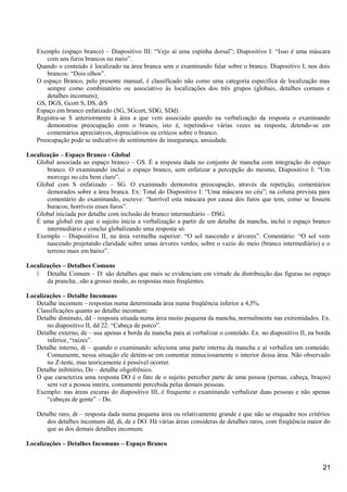 Exemplo (espaço branco) – Diapositivo III: “Vejo aí uma espinha dorsal”; Diapositivo I: “Isso é uma máscara
com uns furos brancos no meio”.
Quando o conteúdo é localizado na área branca sem o examinando falar sobre o branco. Diapositivo I, nos dois
brancos: “Dois olhos”.
O espaço Branco, pelo presente manual, é classificado não como uma categoria específica de localização mas
sempre como combinatório ou associativo às localizações dos três grupos (globais, detalhes comuns e
detalhes incomuns);
GS, DGS, Gcort S, DS, drS
Espaço em branco enfatizado (SG, SGcort, SDG, SDd).
Registra-se S anteriormente à área a que vem associado quando na verbalização da resposta o examinando
demonstrou preocupação com o branco, isto é, repetindo-o várias vezes na resposta, detendo-se em
comentários apreciativos, depreciativos ou críticos sobre o branco.
Preocupação pode se indicativo de sentimentos de insegurança, ansiedade.
Localização – Espaço Branco - Global
Global associada ao espaço branco – GS. É a resposta dada no conjunto de mancha com integração do espaço
branco. O examinando inclui o espaço branco, sem enfatizar a percepção do mesmo, Diapositivo I: “Um
morcego no céu bem claro”.
Global com S enfatizado – SG. O examinado demonstra preocupação, através da repetição, comentários
demorados sobre a área branca. Ex: Total do Diapositivo I: “Uma máscara no céu”; na coluna prevista para
comentário do examinando, escreve: “horrível esta máscara por causa dos furos que tem, como se fossem
buracos; horríveis esses furos”.
Global iniciada por detalhe com inclusão do branco intermediário – DSG.
É uma global em que o sujeito inicia a verbalização a partir de um detalhe da mancha, inclui o espaço branco
intermediário e conclui globalizando uma resposta só.
Exemplo – Diapositivo II, na área vermelha superior: “O sol nascendo e árvores”. Comentário: “O sol vem
nascendo projetando claridade sobre umas árvores verdes, sobre o vazio do meio (branco intermediário) e o
terreno mais em baixo”.
Localizações – Detalhes Comuns
 Detalhe Comum – D: são detalhes que mais se evidenciam em virtude da distribuição das figuras no espaço
da prancha...são a grosso modo, as respostas mais freqüentes.
Localizações – Detalhe Incomuns
Detalhe incomum – respostas numa determinada área numa freqüência inferior a 4,5%.
Classificações quanto ao detalhe incomum:
Detalhe diminuto, dd – resposta situada numa área muito pequena da mancha, normalmente nas extremidades. Ex.
no diapositivo II, dd 22: “Cabeça de porco”.
Detalhe externo, de – usa apenas a borda da mancha para aí verbalizar o conteúdo. Ex. no diapositivo II, na borda
inferior, “raízes”.
Detalhe interno, di – quando o examinando seleciona uma parte interna da mancha e aí verbaliza um conteúdo.
Comumente, nessa situação ele detém-se em comentar minuciosamente o interior dessa área. Não observado
no Z-teste, mas teoricamente é possível ocorrer.
Detalhe inibitório, Do – detalhe oligofrênico.
O que caracteriza uma resposta DO é o fato de o sujeito perceber parte de uma pessoa (pernas, cabeça, braços)
sem ver a pessoa inteira, comumente percebida pelas demais pessoas.
Exemplo: nas áreas escuras do diapositivo III, é frequente o examinando verbalizar duas pessoas e não apenas
“cabeças de gente” – Do.
Detalhe raro, dr – resposta dada numa pequena área ou relativamente grande e que não se enquadre nos critérios
dos detalhes incomuns dd, di, de e DO. Há várias áreas consideras de detalhes raros, com freqüência maior do
que as dos demais detalhes incomum.
Localizações – Detalhes Incomuns – Espaço Branco
21
 