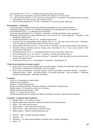 Cor acromática (FC’, C’F, C’) – Conteúdo visto em área preta, cinza ou escura.
FC’ – respostas de cor acromática com forma definida. Ex: diapositivo I “Inseto preto”.
C’F – não tem forma definida. Ex: III, “pessoas ou extraterrestres”. Comentário: “não dá para precisar se pessoas
deste planeta ou de outro, sei que estão vestidas de preto”.
C’ – não tem forma nenhuma. Ex: I “Cores”. Comentário: “só vejo cores pretas, nada mais”.
Determinantes – Sombreado
O sujeito percebe o conteúdo, levado pela sombra deste projetada nas mais variadas dimensões.
Sombreado radiológico (Fk, kF, k)- conteúdos radiográficos, de mapa geográfico ou de “negativos”
Forma definida (Fk).Ex: I, “A radiografia de dois pulmões”.
Forma não bem definida (kF). Ex: I, “pulmão”. Comentário: “dá idéia de pulmões, muito vagamente.”
Sombreado tridimensional em plano bidimensional, sem forma (k). Ex: “uma radiografia”. Comentário: “uma
radiografia, simplesmente”.
 Sombreado perspectiva, (FK, KF, K) – conteúdo tridimensional.
 Conteúdo visto em profundidade, forma definida (FK). Ex. II, “uma casa, com árvores atrás”. Comentário:
“uma casa japonesa tendo dos lados mais atrás duas árvores verdes”.
 Apenas alguma idéia de forma. Ex: I, “umas nuvens”. Comentário: “nuvens tomando forma de duas pessoas”.
 Conteúdos difusos, disfóricos (nuvens, fumaça, noite, imensidão etc. Ex: I, “uma nuvem enorme”. Nada
acrescentou no comentário.
 Sombreado textura, (Fc, cF, c) – percepção tátil (suave, macio, fofo, áspero, rugoso etc.).
 Forma definida (Fc). Ex: I, “um casaco”. Comentário: “de seda, pelas malhas macias”.
 Forma vaga (cF). Ex: II, “como se fosse um terreno”. Comentário: “idéia não muito clara de um terreno muito
arenoso, revestido de areia”.
 Ausência de forma (c). Ex: I, “uma pelugem”. Comentário: “uma pelugem, só”.
Vários de determinantes na mesma resposta
 Regra básica: trata-se como principal aquele que mais chamou a atenção do examinando: aquele que aparece
por primeiro na seqüência da verbalização, ou é mais repetido.
 Dois ou mais determinantes na mesma resposta, ordem de prioridade: movimento humano – cromáticos –
sombreado textura – forma – movimento animal – movimento inanimado – cores acromáticas – sombreado
perspectiva/profundidade – sombreado radiológico.
Conteúdos
O que viu o examinando na resposta dada.
Categorias mais freqüentes:
Humano - H: figura humana inteira.
Humano descaracterizado (H): conotações espirituais, sobrenaturais, mitológicas etc.
Detalhe humano – Hd: membros externos do ser humano.
Detalhe humano descaracterizado – (Hd).
Animal – A: animal visto por inteiro.
Animal descaracterizado (A): animal com alguma característica de pessoa, sobrenatural ou mitológica.
Conteúdos – Categorias mais Freqüentes:
 Detalhe animal – Ad: membros externos.
 Detalhe animal descaracterizado: membro do animal com conotação humana.
 Objeto – Obj: objeto para uso geral.
 Objeto humano – Hobj: objeto para uso pessoal.
 Objeto animal – Aobj: objeto para uso animal (coleira).
 Objeto espacial – Objesp: constructo feito para voar.
 Abstrato – Abstr: conteúdo de natureza abstrata.
 Alimento – Al.
 Anatômico – At: órgão interno (humano ou animal), ossos, conteúdo radiológico.
 Planta – Pl.
24
 