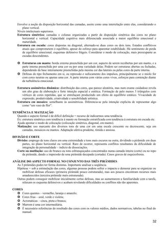 Envolve a noção da disposição horizontal das camadas, assim como uma interrelação entre elas, considerando o
plano vertical.
Níveis intelectuais superiores.
Estrutura simétrica: camadas e colunas organizadas a partir da disposição simétrica das cores no plano
horizontal e vertical. Capacidade cognitiva mais diferenciada associada a maior equilíbrio emocional e
maturidade.
Estrutura em escada: cores dispostas na diagonal, alternado-se duas cores ou dois tons. Estados conflitivos
atuais que comprometem o equilíbrio, apesar do esforço para aparentar estabilidade. Há sentimento de perda
de equilíbrio emocional, esquemas defensivo frágeis. Considerar o modo de colocação, mais preocupante as
escadas descendentes.
 Estruturas em manto: borda externa preenchida por um cor, aspecto de serem recobertas por um manto, e a
parte interna preenchida por uma cor ou por uma variedade delas. Podem ser estruturas abertas ou fechadas,
dependendo da base inteiramente preenchidas pela mesma cor das laterais ou pelas cores da parte interna.
 Defesas do tipo fechamento em si, ou repressão e sufocamento dos impulsos, principalmente se o miolo for
com cores neutras ou apenas uma cor. A parte interna com várias cores vivas, esforços para contenção diante
da turbulência emocional.
Estrutura assimétrica dinâmica: distribuição das cores, que parece aleatória, mas num exame cuidadoso revela
um alto grau de elaboração e forte intuição espacial e estética. Formação de pelo menos 3 triângulos com
vértices de cores repetidas, que se entrelaçam produzindo um efeito de equilíbrio estático. Vivacidade de
expressão, produtividade, criatividade e sensibilidade artística.
Estrutura em mosaico: semelhante às assimétricas. Diferencia-se pela intenção explicita de representar algo
como “um vaso de flor”.
TENDÊNCIA E MATIZAÇÃO
Quando o aspecto formal é de difícil definição = recurso de indicarmos uma tendência.
Ex: estrutura simétrica com tendência à manto ou formação estratificada com tendência à estrutura em escada etc.
Ajuda apontar o modo de colocação (colocação simétrica, diagonal, em manto).
Matização: uso marcante dos diversos tons de uma cor em uma escala crescente ou decrescente, seja em
camadas, mosaicos ou mantos. Adaptação afetiva prudente, tímida e ansiosa.
DIVISÃO E CORTE
Divisão: emprego de tons claros em uma extremidade e tons mais escuros na outra, dividindo a pirâmide em duas
partes, no plano horizontal ou vertical. Raro de ocorrer, representa conflitos resultantes da dificuldade de
integração da personalidade – indício de dissociações.
Corte ou mutilação: uso do branco ou tons esbranquiçados concentrados numa camada inteira (corte) ou no topo
da pirâmide, dando a impressão de uma pirâmide decepada (cortada). Casos graves de esquizofrenia.
ANÁLISE DO ASPECTO FORMAL NO CONJUNTO DAS TRÊS PIRÂMIDES
As 3 pirâmides podes ter forma distintas. Importante analisar a seqüência.
Hipótese = sob a estimulação das cores, algumas pessoas podem sofrer o impacto e demorar para se organizar ou
mobilizar defesas eficazes (primeira pirâmide pouco estruturada), mas aos poucos encontram recursos mais
amadurecidos (terceira pirâmide mais estruturada).
Outras podem conseguir mobilizar inicialmente certas defesas, mas ao aumentarem a familiaridade com a tarefa,
relaxam os esquema defensivos e acabam revelando dificuldades ou conflitos não tão aparentes.
CORES
 Cores quentes – vermelho, laranja e amarelo;
 Cores frias – azul, verde e violeta;
 Acromáticas – cinza, preta e branca;
 Marrom é uma cor intermediária.
 É necessário referências do resultado das cores com os valores médios, dados normativos, tabelas no final do
manual.
32
 