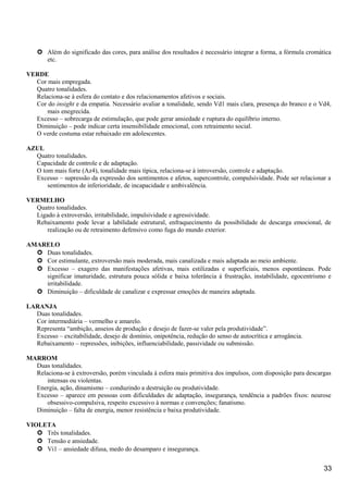  Além do significado das cores, para análise dos resultados é necessário integrar a forma, a fórmula cromática
etc.
VERDE
Cor mais empregada.
Quatro tonalidades.
Relaciona-se à esfera do contato e dos relacionamentos afetivos e sociais.
Cor do insight e da empatia. Necessário avaliar a tonalidade, sendo Vd1 mais clara, presença do branco e o Vd4,
mais enegrecida.
Excesso – sobrecarga de estimulação, que pode gerar ansiedade e ruptura do equilíbrio interno.
Diminuição – pode indicar certa insensibilidade emocional, com retraimento social.
O verde costuma estar rebaixado em adolescentes.
AZUL
Quatro tonalidades.
Capacidade de controle e de adaptação.
O tom mais forte (Az4), tonalidade mais típica, relaciona-se à introversão, controle e adaptação.
Excesso – supressão da expressão dos sentimentos e afetos, supercontrole, compulsividade. Pode ser relacionar a
sentimentos de inferioridade, de incapacidade e ambivalência.
VERMELHO
Quatro tonalidades.
Ligado à extroversão, irritabilidade, impulsividade e agressividade.
Rebaixamento pode levar a labilidade estrutural, enfraquecimento da possibilidade de descarga emocional, de
realização ou de retraimento defensivo como fuga do mundo exterior.
AMARELO
 Duas tonalidades.
 Cor estimulante, extroversão mais moderada, mais canalizada e mais adaptada ao meio ambiente.
 Excesso – exagero das manifestações afetivas, mais estilizadas e superficiais, menos espontâneas. Pode
significar imaturidade, estrutura pouca sólida e baixa tolerância à frustração, instabilidade, egocentrismo e
irritabilidade.
 Diminuição – dificuldade de canalizar e expressar emoções de maneira adaptada.
LARANJA
Duas tonalidades.
Cor intermediária – vermelho e amarelo.
Representa “ambição, anseios de produção e desejo de fazer-se valer pela produtividade”.
Excesso – excitabilidade, desejo de domínio, onipotência, redução do senso de autocrítica e arrogância.
Rebaixamento – repressões, inibições, influenciabilidade, passividade ou submissão.
MARROM
Duas tonalidades.
Relaciona-se à extroversão, porém vinculada à esfera mais primitiva dos impulsos, com disposição para descargas
intensas ou violentas.
Energia, ação, dinamismo – conduzindo a destruição ou produtividade.
Excesso – aparece em pessoas com dificuldades de adaptação, insegurança, tendência a padrões fixos: neurose
obsessivo-compulsiva, respeito excessivo à normas e convenções; fanatismo.
Diminuição – falta de energia, menor resistência e baixa produtividade.
VIOLETA
 Três tonalidades.
 Tensão e ansiedade.
 Vi1 – ansiedade difusa, medo do desamparo e insegurança.
33
 
