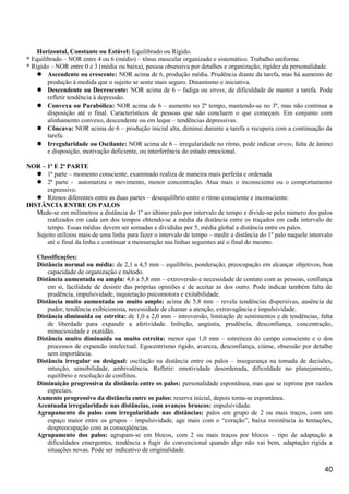 Horizontal, Constante ou Estável: Equilibrado ou Rígido.
* Equilibrado – NOR entre 4 ou 6 (médio) – tônus muscular organizado e sistemático. Trabalho uniforme.
* Rígido – NOR entre 0 e 3 (média ou baixa), pessoa obsessiva por detalhes e organização, rigidez da personalidade.
 Ascendente ou crescente: NOR acima de 6, produção média. Prudência diante da tarefa, mas há aumento de
produção à medida que o sujeito se sente mais seguro. Dinamismo e iniciativa.
 Descendente ou Decrescente: NOR acima de 6 – fadiga ou stress, de dificuldade de manter a tarefa. Pode
refletir tendência à depressão.
 Convexa ou Parabólica: NOR acima de 6 – aumento no 2º tempo, mantendo-se no 3º, mas não continua a
disposição até o final. Característicos de pessoas que não concluem o que começam. Em conjunto com
alinhamento convexo, descendente ou em leque – tendências depressivas.
 Côncava: NOR acima de 6 – produção inicial alta, diminui durante a tarefa e recupera com a continuação da
tarefa.
 Irregularidade ou Oscilante: NOR acima de 6 – irregularidade no ritmo, pode indicar stress, falta de ânimo
e disposição, motivação deficiente, ou interferência do estado emocional.
NOR – 1ª E 2ª PARTE
 1ª parte – momento consciente, examinado realiza de maneira mais perfeita e ordenada
 2ª parte - automatiza o movimento, menor concentração. Atua mais o inconsciente ou o comportamento
expressivo.
 Ritmos diferentes entre as duas partes – desequilíbrio entre o ritmo consciente e inconsciente.
DISTÂNCIA ENTRE OS PALOS
Mede-se em milímetros a distância do 1º ao último palo por intervalo de tempo e divide-se pelo número dos palos
realizados em cada um dos tempos obtendo-se a média da distância entre os traçados em cada intervalo de
tempo. Essas médias devem ser somadas e divididas por 5, média global a distância entre os palos.
Sujeito utilizou mais de uma linha para fazer o intervalo de tempo – medir a distância do 1º palo naquele intervalo
até o final da linha e continuar a mensuração nas linhas seguintes até o final do mesmo.
Classificações:
Distância normal ou média: de 2,1 a 4,5 mm – equilíbrio, ponderação, preocupação em alcançar objetivos, boa
capacidade de organização e método.
Distância aumentada ou ampla: 4,6 a 5,8 mm – extroversão e necessidade de contato com as pessoas, confiança
em si, facilidade de desistir das próprias opiniões e de aceitar as dos outro. Pode indicar também falta de
prudência, impulsividade, inquietação psicomotora e exitabilidade.
Distância muito aumentada ou muito amplo: acima de 5,8 mm – revela tendências dispersivas, ausência de
pudor, tendência exibicionista, necessidade de chamar a atenção, extravagância e impulsividade.
Distância diminuída ou estreita: de 1,0 a 2,0 mm – introversão, limitação de sentimentos e de tendências, falta
de liberdade para expandir a afetividade. Inibição, angústia, prudência, desconfiança, concentração,
minuciosidade e exatidão.
Distância muito diminuída ou muito estreita: menor que 1,0 mm – estreiteza do campo consciente e o dos
processos de expansão intelectual. Egocentrismo rígido, avareza, desconfiança, ciúme, obsessão por detalhe
sem importância.
Distância irregular ou desigual: oscilação na distância entre os palos – insegurança na tomada de decisões,
intuição, sensibilidade, ambivalência. Refletir: emotividade desordenada, dificuldade no planejamento,
equilíbrio e resolução de conflitos.
Diminuição progressiva da distância entre os palos: personalidade espontânea, mas que se reprime por razões
especiais.
Aumento progressivo da distância entre os palos: reserva inicial, depois torna-se espontânea.
Acentuada irregularidade nas distâncias, com avanços bruscos: impulsividade.
Agrupamento do palos com irregularidade nas distâncias: palos em grupo de 2 ou mais traços, com um
espaço maior entre os grupos – impulsividade, age mais com o “coração”, baixa resistência às tentações,
despreocupação com as conseqüências.
Agrupamento dos palos: agrupam-se em blocos, com 2 ou mais traços por blocos – tipo de adaptação a
dificuldades emergentes, tendência a fugir do convencional quando algo não vai bem, adaptação rígida a
situações novas. Pode ser indicativo de originalidade.
40
 
