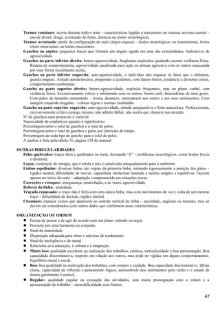 Tremor constante: ocorre durante todo o teste – características ligadas a transtornos no sistema nervoso central –
uso de álcool, droga, acentuado do fumo, doenças ou lesões neurológicas.
Tremor acentuado: perda da configuração do palo (zigue-zagues) – lesões neurológicas ou traumatismo, fortes
crises emocionais ou lesões musculares.
Ganchos ou arpões: pequenos traços que formam um ângulo agudo em uma das extremidades. Indicativos de
agressividade.
Ganchos na parte inferior direita: hetero-agressividade, freqüentes explosões, podendo ocorrer violência física.
Rudeza do comportamento, agressividade canalizada para ação ou atitude agressiva com os outros mascarada
por uma forma socialmente aceita.
Ganchos na parte inferior esquerda: auto-agressividade, o indivíduo não esquece os fatos que o afetaram,
guarda mágoas. Atitude autodestrutiva, propensão a acidentes, com danos físicos, tendência a derrubar coisas,
comportamento estabanado.
Gancho na parte superior direita: hetero-agressividade, explosão frequentes, mas no plano verbal, sem
violência física. Excessivamente crítico e intolerante com os outros. Ironia sutil, brincadeiras de mau gosto.
Com palos de tamanho aumentado – ironia, desprezo, menosprezo aos outros e aos seus sentimentos. Com
margem esquerda irregular – criticar regras e normas instituídas.
Gancho na parte superior esquerda: auto-agressividade, atitude autopunitiva e forte autocrítica. Perfeccionista,
excessivamente crítico consigo mesmo, não admite falhar, não aceita que chamem sua atenção.
Nº de ganchos num protocolo é variável.
Necessidade de estabelecer quando é significativo.
Porcentagem entre o total de ganchos e o total de palos.
Porcentagem entre o total de ganchos e palos por intervalo de tempo.
Porcentagem de cada tipo de gancho para o total de palos.
A análise é feita pela tabela 16, página 134 do manual.
OUTRAS IRREGULARIDADES
Palos quebrados: traços altos e quebrados no meio, formando “Z” – problemas neurológicos, como lesões focais
e disritmia.
Laços: contenção de energia, que é retida e não é canalizada adequadamente para o ambiente.
Linhas espelhadas: diversas linhas são cópias da primeira linha, imitando rigorosamente a posição dos palos –
rigidez mental, dificuldade de inovar, capacidade intelectual limitada a tarefas simples e repetitivas. Ocorrer
apenas no início do teste – adaptação comprometida em situações novas.
Correções e retoques: insegurança, insatisfação, e às vezes, agressividade.
Reforço da linha: ansiedade.
Traçado repassado: o traço não é feito com uma única linha, mas com movimentos de vai e volta de um mesmo
traço – dificuldade de decisão, rigidez mental.
Chaminés: espaços vazios que aparecem no sentido vertical da folha – ansiedade, angústia ou neurose, mas só
devem ser considerados com outros dados que confirmem essas características.
ORGANIZAÇÃO OU ORDEM
 Forma de pensar e de agir de acordo com um plano, método ou regra.
 Procurar por uma harmonia no conjunto.
 Sinal de maturidade.
 Disposição adequada para obter o máximo de rendimento.
 Sinal de inteligência e de moral.
 Relaciona-se à educação, à cultura e à adaptação.
 Muito boa: qualidade excelente na realização dos trabalhos, estética, meticulosidade e boa apresentação. Boa
capacidade discriminativa, respeito em relação aos outros, mas pode ter rigidez em alguns comportamentos.
Equilíbrio moral e social.
 Boa: boa qualidade na realização dos trabalhos, com esmero e cuidado. Boa capacidade discriminativa. Idéias
claras, capacidade de reflexão e pensamento lógico, autocontrole dos sentimentos pela razão e o estado de
ânimo geralmente é estável.
 Regular: qualidade regular na execução das atividades, sem muita preocupação com a ordem e a
apresentação do trabalho – certa dificuldade com limites.
47
 