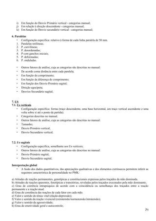 i) Em função do Desvio Primário vertical - categorias manual;
j) Em relação à direção descendente - categorias manual;
k) Em função do Desvio secundário vertical - categorias manual;
6. Paralelas
• Configuração específica: relativo à forma de cada linha paralela de 50 mm.
1. Paralelas retilíneas;
2. P. curvilíneas;
3. P. desordenadas;
4. P com ganchos iniciais;
5. P. deformadas;
6. P. onduladas.
• Outros fatores de análise, cuja as categorias são descritas no manual:
• De acordo coma distância entre cada paralela;
• Em função do comprimento;
• Em função da diferença do comprimento;
• Em função dos Desvio Primário sagital;
• Direção egocípeta;
• Desvios Secundário sagital;
7. US
7.1. Us verticais
• Configuração específica: forma (traço descendente, uma base horizontal, um traço vertical ascendente e uma
volta sobre si até o ponto de partida).
• Categorias descritas no manual.
• Outros fatores de análise, cuja as categorias são descritas no manual:
• Tamanho;
• Desvio Primário vertical;
• Desvio Secundário vertical;
7.2. Us sagitais
• Configuração específica, semelhante aos Us verticais;
• Outros fatores de análise, cuja as categorias são descritas no manual:
• Desvio Primário sagital;
• Desvio Secundário sagital;
Interpretação global
• A fusão dos dados quantitativos, das apreciações qualitativas e dos elementos extrínsecos permitem inferir as
seguintes característica de personalidade no PMK:
a) Atitudes de reações permanentes, genotípicas e constitucionais expressas pelos traçados da mão dominada.
b) Atitudes de reações aparentes, fenotípicas e transitórias, reveladas pelos traçados executados pela mão dominante;
c) Grau de coerência intrapsíquica de acordo com a coincidência ou semelhança dos traçados entre a reação
permanente e a reação atual.
d) Grau de constância das reações de cada fator em cada mão.
e) Valor e sentido do tônus vital (elação-depressão);
f) Valor e sentido da reação vivencial (extratensão/normotensão/intratensão);
g) Valor e sentido da agressividade;
h) Grau de emotividade geral e autocontrole;
71
 