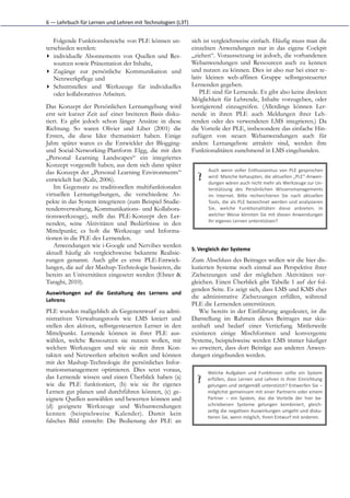 6	
  —	
  Lehrbuch	
  für	
  Lernen	
  und	
  Lehren	
  mit	
  Technologien	
  (L3T)


   Folgende Funktionsbereiche von PLE können un-                                       sich ist vergleichsweise einfach. Häufig muss man die
terschieden werden:                                                                    einzelnen Anwendungen nur in das eigene Cockpit
▸ individuelle Abonnements von Quellen und Res-                                        „ziehen“. Voraussetzung ist jedoch, die vorhandenen
   sourcen sowie Präsentation der Inhalte,                                             Webanwendungen und Ressourcen auch zu kennen
▸ Zugänge zur persönliche Kommunikation und                                            und nutzen zu können. Dies ist also nur bei einer re-
   Netzwerkpflege und                                                                  lativ kleinen web-affinen Gruppe selbstgesteuerter
▸ Schnittstellen und Werkzeuge für individuelles                                       Lernenden gegeben.
   oder kollaboratives Arbeiten.                                                           PLE sind für Lernende. Es gibt also keine direkten
                                                                                       Möglichkeit für Lehrende, Inhalte vorzugeben, oder
Das Konzept der Persönlichen Lernumgebung wird                                         korrigierend einzugreifen. (Allerdings können Ler-
erst seit kurzer Zeit auf einer breiteren Basis disku-                                 nende in ihren PLE auch Meldungen ihrer Leh-
tiert. Es gibt jedoch schon länger Ansätze in diese                                    renden oder des verwendeten LMS integrieren.) Da
Richtung. So waren Olivier und Liber (2001) die                                        die Vorteile der PLE, insbesondere das einfache Hin-
Ersten, die diese Idee thematisiert haben. Einige                                      zufügen von neuen Webanwendungen auch für
Jahre später waren es die Entwickler der Blogging-                                     andere Lernangebote attraktiv sind, werden ihre
und Social-Networking-Plattform Elgg, die mit den                                      Funktionalitäten zunehmend in LMS eingebunden.
„Personal Learning Landscapes“ ein integriertes
Konzept vorgestellt haben, aus dem sich dann später
das Konzept der „Personal Learning Environments“                                                Auch	
   wenn	
   voller	
   Enthusiasmus	
   von	
   PLE	
   gesprochen
entwickelt hat (Kalz, 2006).                                                              ?     wird:	
   Manche	
   behaupten,	
   die	
   aktuellen	
   „PLE“-­‐Anwen-­‐
                                                                                                dungen	
  wären	
  auch	
  nicht	
  mehr	
  als	
  Werkzeuge	
  zur	
  Un-­‐
    Im Gegensatz zu traditionellen multifunktionalen                                            terstützung	
   des	
   Persönlichen	
   Wissensmanagements
virtuellen Lernumgebungen, die verschiedene As-                                                 im	
   Internet.	
   BiKe	
   recherchieren	
   Sie	
   nach	
   aktuellen
pekte in das System integrieren (zum Beispiel Studie-                                           Tools,	
  die	
  als	
  PLE	
  bezeichnet	
  werden	
  und	
  analysieren
rendenverwaltung, Kommunikations- und Kollabora-                                                Sie,	
   welche	
   FunkGonalitäten	
   diese	
   anbieten.	
   In
tionswerkzeuge), stellt das PLE-Konzept den Ler-                                                welcher	
  Weise	
  könnten	
  Sie	
  mit	
  diesen	
  Anwendungen
                                                                                                Ihr	
  eigenes	
  Lernen	
  unterstützen?
nenden, seine Aktivitäten und Bedürfnisse in den
Mittelpunkt; es holt die Werkzeuge und Informa-
tionen in die PLE des Lernenden.
    Anwendungen wie i-Google und Netvibes werden
                                                                                       5. Vergleich	
  der	
  Systeme	
  
aktuell häufig als vergleichsweise bekannte Realisie-
rungen genannt. Auch gibt es erste PLE-Entwick-                                        Zum Abschluss des Beitrages wollen wir die hier dis-
lungen, die auf der Mashup-Technologie basieren, die                                   kutierten Systeme noch einmal aus Perspektive ihrer
bereits an Universitäten eingesetzt werden (Ebner &                                    Zielsetzungen und der möglichen Aktivitäten ver-
Taraghi, 2010).                                                                        gleichen. Einen Überblick gibt Tabelle 1 auf der fol-
                                                                                       genden Seite. Es zeigt sich, dass LMS und KMS eher
Auswirkungen	
   auf	
   die	
   Gestaltung	
   des	
   Lernens	
   und
                                                                                       die administrative Zielsetzungen erfüllen, während
Lehrens	
  
                                                                                       PLE die Lernenden unterstützen.
PLE wurden maßgeblich als Gegenentwurf zu admi-                                           Wie bereits in der Einführung angedeutet, ist die
nistrativen Verwaltungstools wie LMS kreiert und                                       Darstellung im Rahmen dieses Beitrages nur skiz-
stellen den aktiven, selbstgesteuerten Lerner in den                                   zenhaft und bedarf einer Vertiefung. Mittlerweile
Mittelpunkt. Lernende können in ihrer PLE aus-                                         existieren einige Mischformen und konvergente
wählen, welche Ressourcen sie nutzen wollen, mit                                       Systeme, beispielsweise werden LMS immer häufiger
welchen Werkzeugen und wie sie mit ihren Kon-                                          so erweitert, dass dort Beiträge aus anderen Anwen-
takten und Netzwerken arbeiten wollen und können                                       dungen eingebunden werden.
mit der Mashup-Technologie ihr persönliches Infor-
mationsmanagement optimieren. Dies setzt voraus,                                                Welche	
   Aufgaben	
   und	
   FunkGonen	
   sollte	
   ein	
   System
das Lernende wissen und einen Überblick haben (a)
wie die PLE funktioniert, (b) wie sie ihr eigenes
                                                                                          ?     erfüllen,	
   dass	
   Lernen	
   und	
   Lehren	
   in	
   Ihrer	
   Einrichtung
                                                                                                gelungen	
  und	
  zeitgemäß	
  unterstützt?	
  Entwerfen	
  Sie	
  –
Lernen gut planen und durchführen können, (c) ge-                                               möglichst	
  gemeinsam	
  mit	
  einer	
  Partnerin	
  oder	
  einem
eignete Quellen auswählen und bewerten können und                                               Partner	
   –	
   ein	
   System,	
   das	
   die	
   Vorteile	
   der	
   hier	
   be-­‐
(d) geeignete Werkzeuge und Webanwendungen                                                      schriebenen	
   Systeme	
   gelungen	
   kombiniert,	
   gleich-­‐
                                                                                                zeiGg	
  die	
  negaGven	
  Auswirkungen	
  umgeht	
  und	
  disku-­‐
kennen (beispielsweise Kalender). Damit kein
                                                                                                Geren	
  Sie,	
  wenn	
  möglich,	
  Ihren	
  Entwurf	
  mit	
  anderen.
falsches Bild entsteht: Die Bedienung der PLE an
 