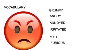 VOCABULARY
ANGRY
ANNOYED
IRRITATED
MAD
FURIOUS
GRUMPY
 