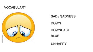 VOCABULARY
SAD / SADNESS
DOWN
DOWNCAST
BLUE
UNHAPPY
 