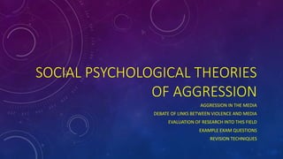 SOCIAL PSYCHOLOGICAL THEORIES
OF AGGRESSION
AGGRESSION IN THE MEDIA
DEBATE OF LINKS BETWEEN VIOLENCE AND MEDIA
EVALUATION OF RESEARCH INTO THIS FIELD
EXAMPLE EXAM QUESTIONS
REVISION TECHNIQUES
 
