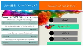‫ا‬‫ثانيا‬:‫الشخصية‬ ‫اإلختبارات‬
‫الشخصية‬ ‫نمط‬
‫الميول‬
‫الذكاء‬ ‫نوع‬
‫الموهبة‬
‫اختبار‬MBTI ‫الشخصية‬ ‫نمط‬ ‫لتحديد‬
 