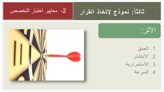 ً‫ثالثا‬:‫القرار‬ ‫إلتخاذ‬ ‫نموذج‬2-‫التخصص‬ ‫اختيار‬ ‫معايير‬
‫األثر‬:
.1‫العمق‬
.2‫االنتشار‬
.3‫االستمرارية‬
.4‫السرعة‬
 