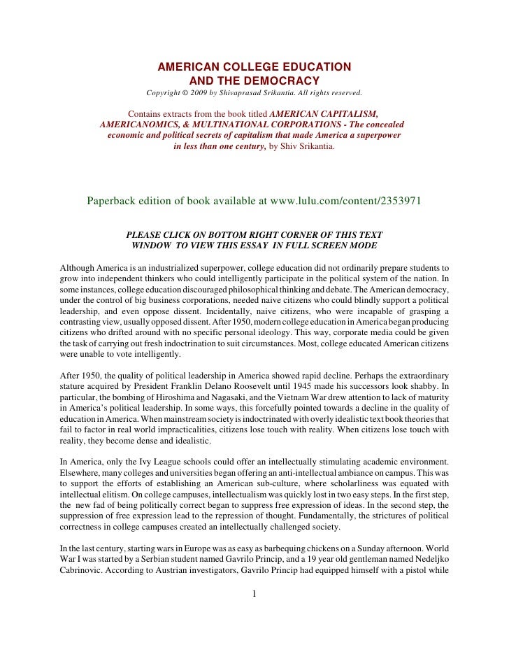 Essay On Jamestown American College Education And The Democracy Pro Life Argument Essay also Essays On Medea Americancollegeeducationandthedemocracyjpgcb 4 Types Of Essays