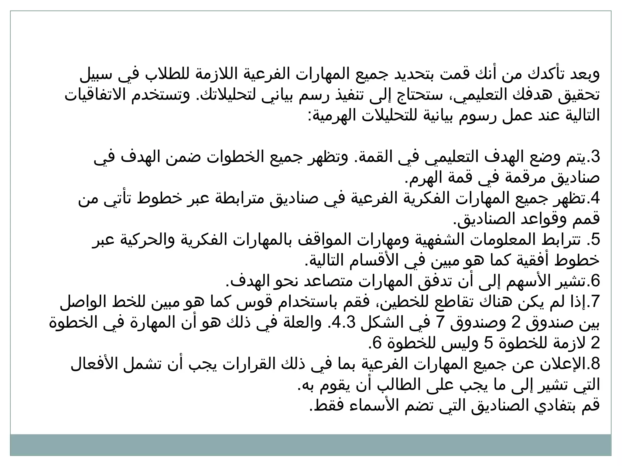 وبعد تأكدك من أنك قمت بتحديد جميع المهارات الفرعية اللازمة للطلاب في سبيل تحقيق هدفك التعليمي، ستحتاج إلى تنفيذ رسم بياني لتحليلاتك .  وتستخدم الاتفاقيات التالية عند عمل رسوم بيانية للتحليلات الهرمية :  يتم وضع الهدف التعليمي في القمة .  وتظهر جميع الخطوات ضمن الهدف في صناديق مرقمة في قمة الهرم .  تظهر جميع المهارات الفكرية الفرعية في صناديق مترابطة عبر خطوط تأتي من قمم وقواعد الصناديق .  تترابط المعلومات الشفهية ومهارات المواقف بالمهارات الفكرية والحركية عبر خطوط أفقية كما هو مبين في الأقسام التالية .  تشير الأسهم إلى أن تدفق المهارات متصاعد نحو الهدف .  إذا لم يكن هناك تقاطع للخطين، فقم باستخدام قوس كما هو مبين للخط الواصل بين صندوق  2  وصندوق  7  في الشكل  4.3.  والعلة في ذلك هو أن المهارة في الخطوة  2  لازمة للخطوة  5  وليس للخطوة  6.  الإعلان عن جميع المهارات الفرعية بما في ذلك القرارات يجب أن تشمل الأفعال التي تشير إلى ما يجب على الطالب أن يقوم به .  قم بتفادي الصناديق التي تضم الأسماء فقط .  