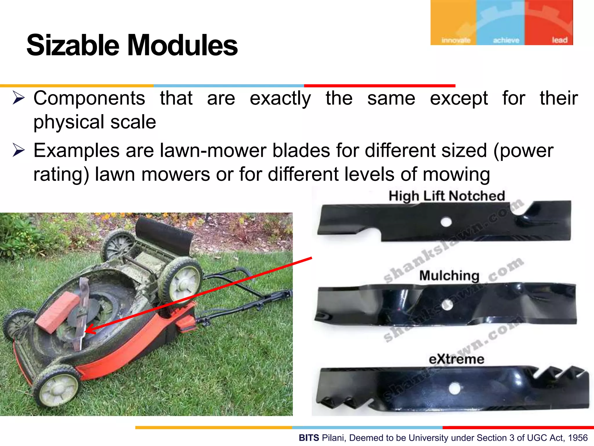 BITS Pilani, Deemed to be University under Section 3 of UGC Act, 1956
 Components that are exactly the same except for their
physical scale
 Examples are lawn-mower blades for different sized (power
rating) lawn mowers or for different levels of mowing
Sizable Modules
 