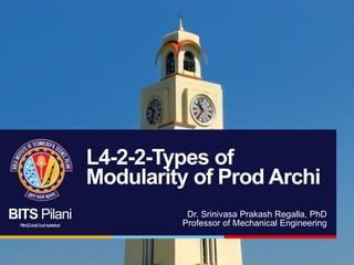 BITS Pilani
Pilani|Dubai|Goa|Hyderabad
L4-2-2-Types of
Modularity of Prod Archi
Dr. Srinivasa Prakash Regalla, PhD
Professor of Mechanical Engineering
 