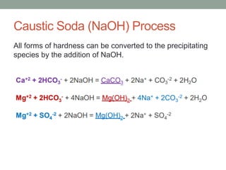 Caustic Soda (NaOH) Process
All forms of hardness can be converted to the precipitating
species by the addition of NaOH.