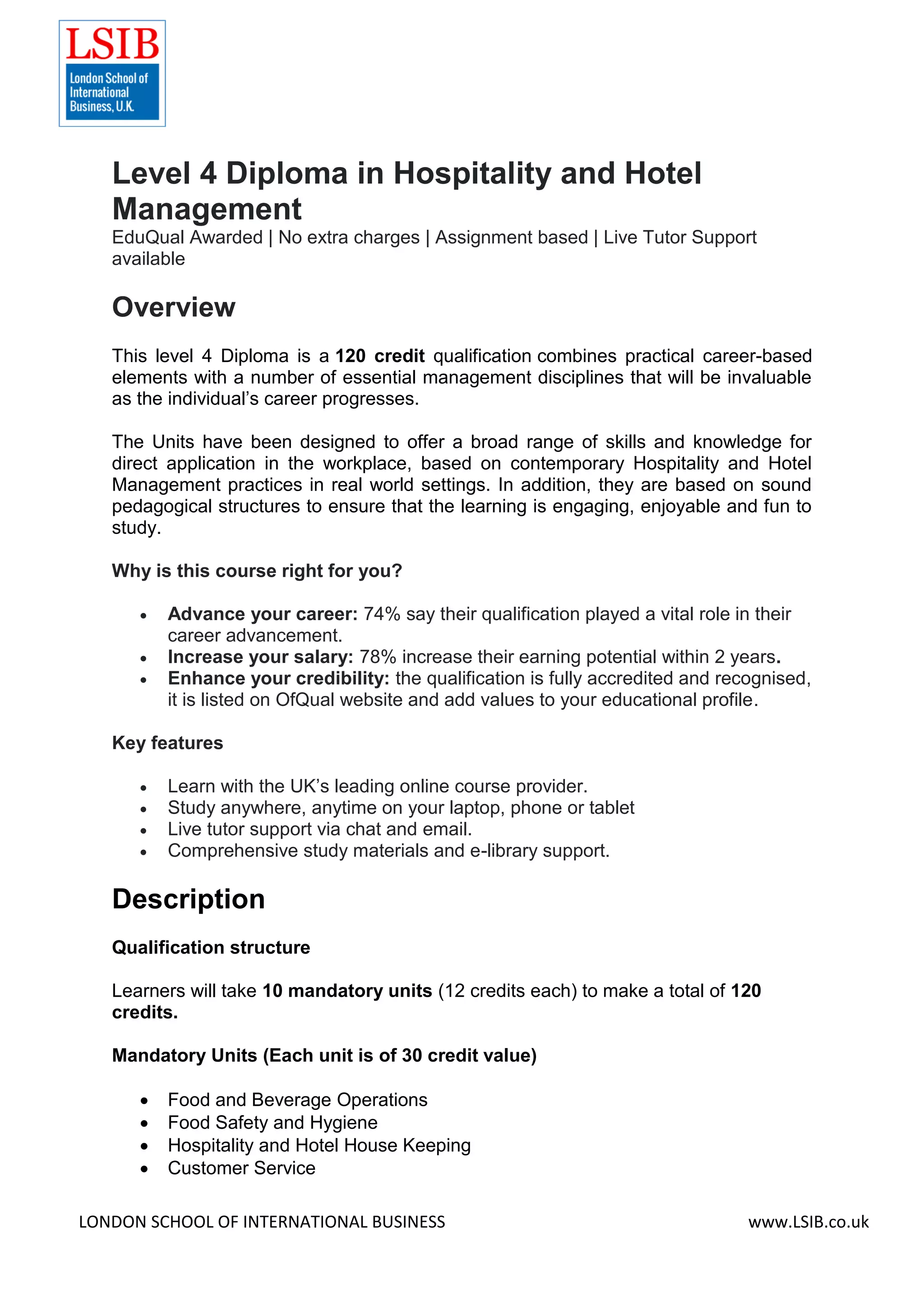 Level 4 Diploma in Hospitality and Hotel Management | PDF