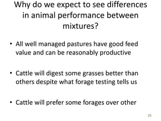 Why do we expect to see differences
in animal performance between
mixtures?
• All well managed pastures have good feed
value and can be reasonably productive
• Cattle will digest some grasses better than
others despite what forage testing tells us
• Cattle will prefer some forages over other
25
 