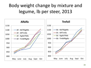 Body weight change by mixture and
legume, lb per steer, 2013
38
800
850
900
950
1000
1050
1100
1150
May June July Aug Sept Oct
Alfalfa
Af - KbTfOgMb
Af - MfTmKb
Af - RgKbTfMb
Af - TmMfRgKb
800
850
900
950
1000
1050
1100
1150
May June July Aug Sept Oct
Trefoil
Bt - KbTfOgMb
Bt - MfTmKb
Bt - RgKbTfMb
Bt - TmMfRgKb
 