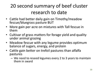 20 second summary of beef cluster
research to date
• Cattle had better daily gain on Timothy/meadow
fescue/bluegrass pasture BUT
• More gain per acre on mixtures with Tall fescue in
them
• Cultivar of grass matters for forage yield and quality
under animal grazing
• Meadow fescue with any legume provides optimum
balance of sugars, energy, and protein
• Cattle gain better on trefoil pastures than alfalfa
pastures
– We need to reseed legumes every 2 to 3 years to maintain
them in sward
39
 