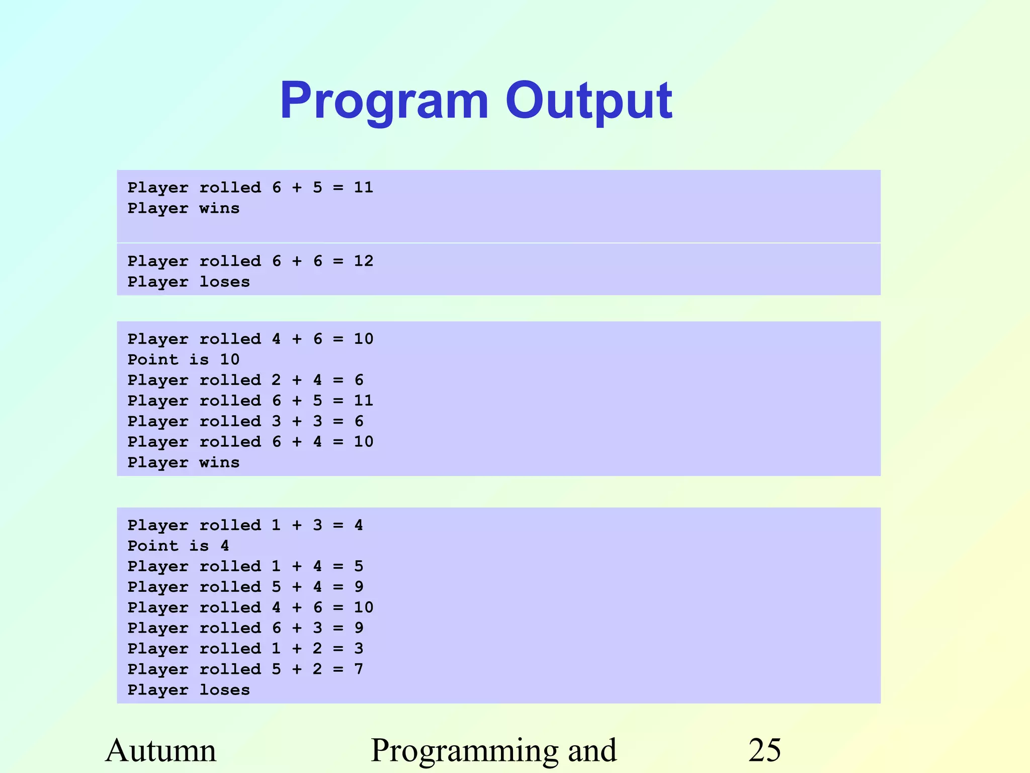 Program Output
 Player rolled 6 + 5 = 11
 Player wins


 Player rolled 6 + 6 = 12
 Player loses


 Player rolled   4 + 6 = 10
 Point is 10
 Player rolled   2   +   4   =   6
 Player rolled   6   +   5   =   11
 Player rolled   3   +   3   =   6
 Player rolled   6   +   4   =   10
 Player wins


 Player rolled   1 + 3 = 4
 Point is 4
 Player rolled   1   +   4   =   5
 Player rolled   5   +   4   =   9
 Player rolled   4   +   6   =   10
 Player rolled   6   +   3   =   9
 Player rolled   1   +   2   =   3
 Player rolled   5   +   2   =   7
 Player loses


Autumn                            Programming and   25
 