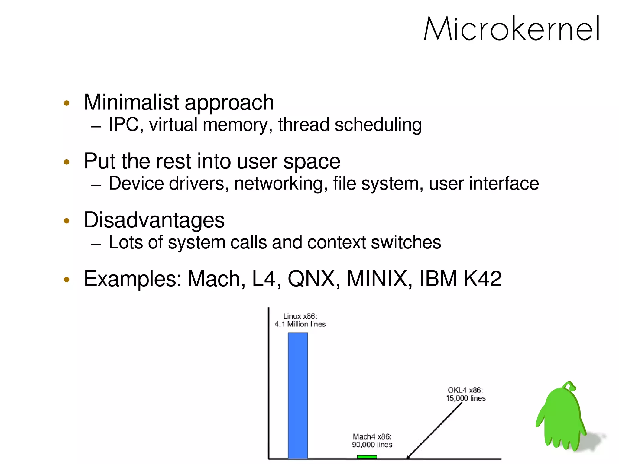 Microkernel
• Minimalist approach
– IPC, virtual memory, thread scheduling
• Put the rest into user space
– Device drivers, networking, file system, user interface
• Disadvantages
– Lots of system calls and context switches
• Examples: Mach, L4, QNX, MINIX, IBM K42
 