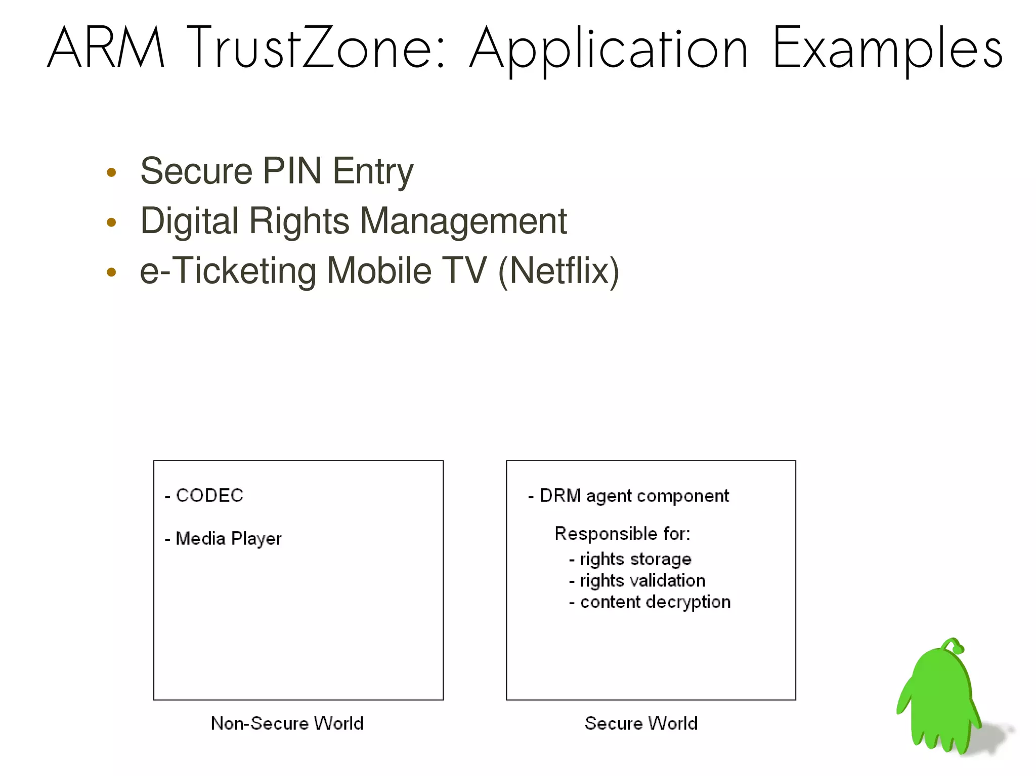 ARM TrustZone: Application Examples
• Secure PIN Entry
• Digital Rights Management
• e-Ticketing Mobile TV (Netflix)
 