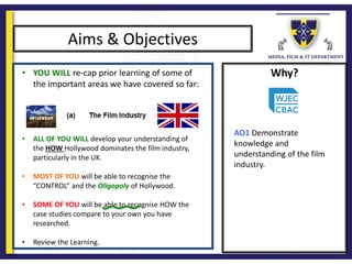 Why?
Aims & Objectives
• YOU WILL re-cap prior learning of some of
the important areas we have covered so far:
• ALL OF YOU WILL develop your understanding of
the HOW Hollywood dominates the film industry,
particularly in the UK.
• MOST OF YOU will be able to recognise the
“CONTROL” and the Oligopoly of Hollywood.
• SOME OF YOU will be able to recognise HOW the
case studies compare to your own you have
researched.
• Review the Learning.
AO1 Demonstrate
knowledge and
understanding of the film
industry.
 