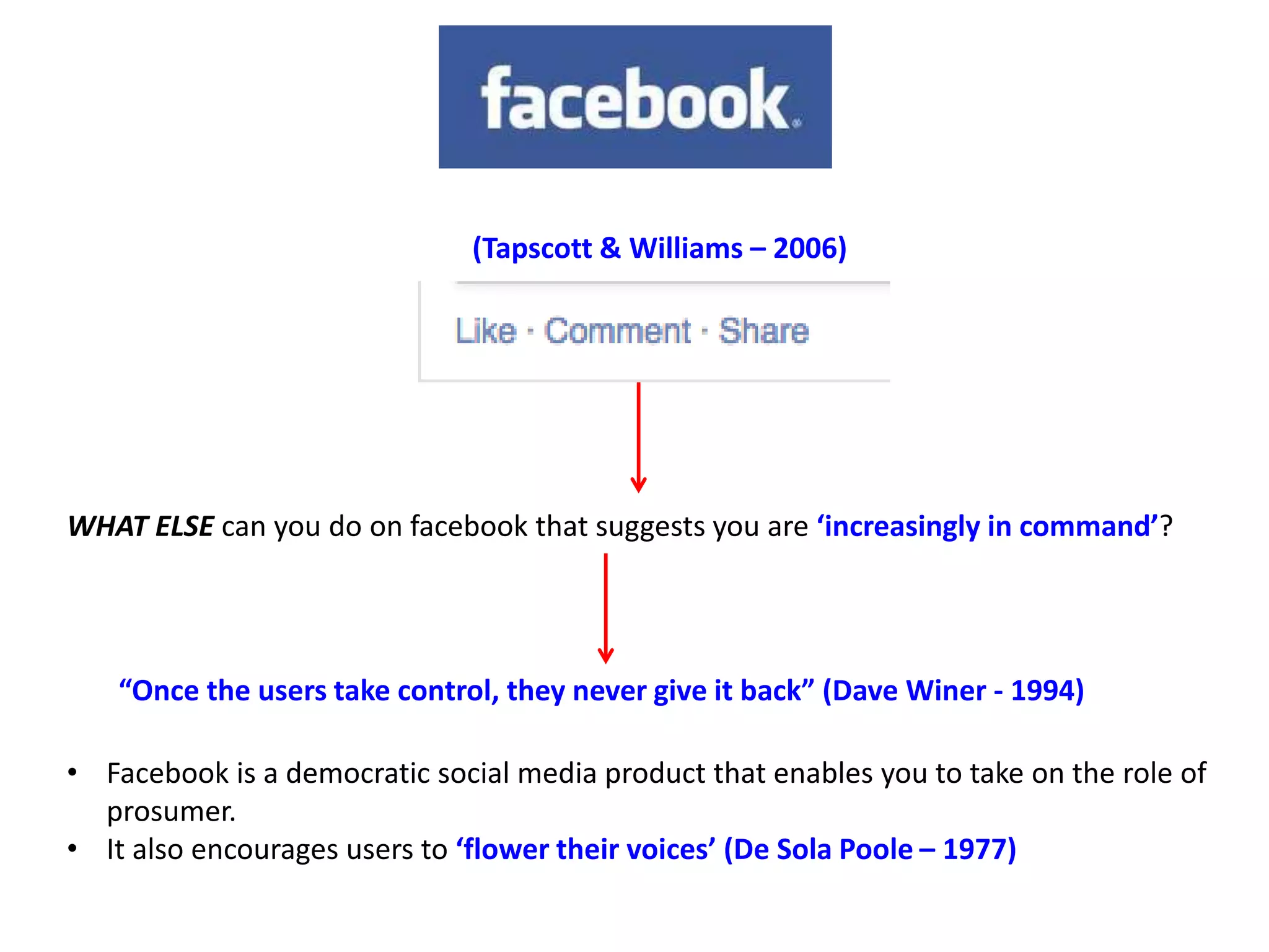(Tapscott & Williams – 2006)
WHAT ELSE can you do on facebook that suggests you are ‘increasingly in command’?
“Once the users take control, they never give it back” (Dave Winer - 1994)
• Facebook is a democratic social media product that enables you to take on the role of
prosumer.
• It also encourages users to ‘flower their voices’ (De Sola Poole – 1977)
 