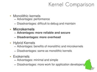 Kernel Comparison

• Monolithic kernels
  – Advantages: performance
  – Disadvantages: difficult to debug and maintain

• Microkernels
  – Advantages: more reliable and secure
  – Disadvantages: more overhead

• Hybrid Kernels
  – Advantages: benefits of monolithic and microkernels
  – Disadvantages: same as monolithic kernels

• Exokernels
  – Advantages: minimal and simple
  – Disadvantages: more work for application developers
 