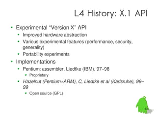 L4 History: X.1 API
Experimental “Version X” API
  Improved hardware abstraction
  Various experimental features (performance, security,
  generality)
  Portability experiments
Implementations
  Pentium: assembler, Liedtke (IBM), 97–98
     Proprietary
  Hazelnut (Pentium+ARM), C, Liedtke et al (Karlsruhe), 98–
  99
     Open source (GPL)


                                                              54
 