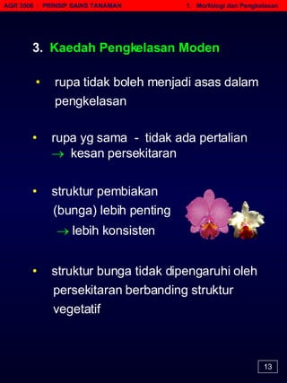 AGR 3506  :  PRINSIP SAINS TANAMAN   1.  Morfologi dan Pengkelasan 13 3.  Kaedah Pengkelasan Moden  •   rupa yg sama  -  tidak ada pertalian   kesan persekitaran • struktur pembiakan (bunga) lebih penting    lebih konsisten •   rupa tidak boleh menjadi asas dalam pengkelasan • struktur bunga tidak dipengaruhi oleh persekitaran berbanding struktur vegetatif 