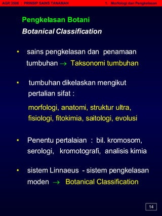 AGR 3506  :  PRINSIP SAINS TANAMAN   1.  Morfologi dan Pengkelasan 14 Pengkelasan Botani Botanical Classification •  Penentu pertalaian  :  bil. kromosom, serologi, kromotografi,  analisis kimia • sistem Linnaeus  - sistem pengkelasan moden     Botanical Classification morfologi, anatomi, struktur ultra, fisiologi, fitokimia, saitologi, evolusi •  tumbuhan dikelaskan mengikut pertalian sifat : •  sains pengkelasan dan  penamaan  tumbuhan     Taksonomi tumbuhan 