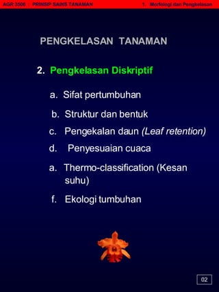 AGR 3506  :  PRINSIP SAINS TANAMAN   1.  Morfologi dan Pengkelasan 02 PENGKELASAN  TANAMAN 2.  Pengkelasan Diskriptif a.  Sifat pertumbuhan b.  Struktur dan bentuk c.  Pengekalan daun  (Leaf retention) d.  Penyesuaian cuaca Thermo-classification (Kesan suhu)  f.  Ekologi tumbuhan 