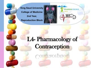 King Saud University
College of Medicine
2nd Year,
Reproduction Block
L4- Pharmacology of
Contraception
 