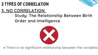 3. NO CORRELATION
Study: The Relationship Between Birth
Order and Intelligence
3 types of CORRELATION
There is no significant relationship between the variables
 