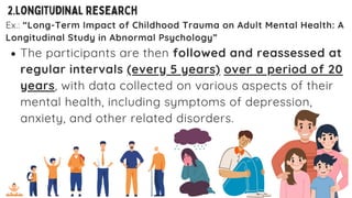 The participants are then followed and reassessed at
regular intervals (every 5 years) over a period of 20
years, with data collected on various aspects of their
mental health, including symptoms of depression,
anxiety, and other related disorders.
Ex.: “Long-Term Impact of Childhood Trauma on Adult Mental Health: A
Longitudinal Study in Abnormal Psychology”
2.longitudinal research
 