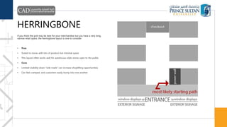 HERRINGBONE
If you think the grid may be best for your merchandise but you have a very long,
narrow retail space, the herringbone layout is one to consider.
• Pros
• Suited to stores with lots of product but minimal space
• This layout often works well for warehouse-style stores open to the public
• Cons
• Limited visibility down “side roads” can increase shoplifting opportunities
• Can feel cramped, and customers easily bump into one another
 