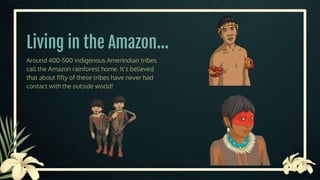 Living in the Amazon…
Around 400-500 indigenous Amerindian tribes
call the Amazon rainforest home. It’s believed
that about fifty of these tribes have never had
contact with the outside world!
 