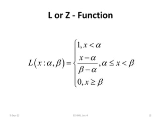 L or Z - Function
5-Sep-12 12EE-646, Lec-4
( )
1,
: , ,
0,
x
x
L x x
x
α
α
α β α β
β α
β
 <

−
= ≤ <
−
 ≥
 