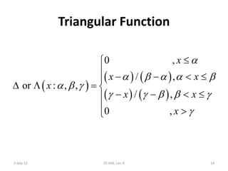 Triangular Function
5-Sep-12 EE-646, Lec-4 14
( )
( ) ( )
( ) ( )
0 ,
/ ,
or : , ,
/ ,
0 ,
x
x x
x
x x
x
α
α β α α β
α β γ
γ γ β β γ
γ
≤

− − < ≤
∆ Λ =
− − < ≤
 >
 