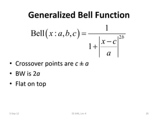 Generalized Bell Function
• Crossover points are c ± a
• BW is 2a
• Flat on top
5-Sep-12 EE-646, Lec-4 20
( ) 2
1
Bell : , ,
1
b
x a b c
x c
a
=
−
+
 