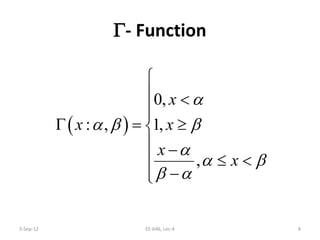Γ- Function
5-Sep-12 8EE-646, Lec-4
( )
0,
: , 1,
,
x
x x
x
x
α
α β β
α
α β
β α

 <

Γ = ≥
 −
 ≤ <
−
 
