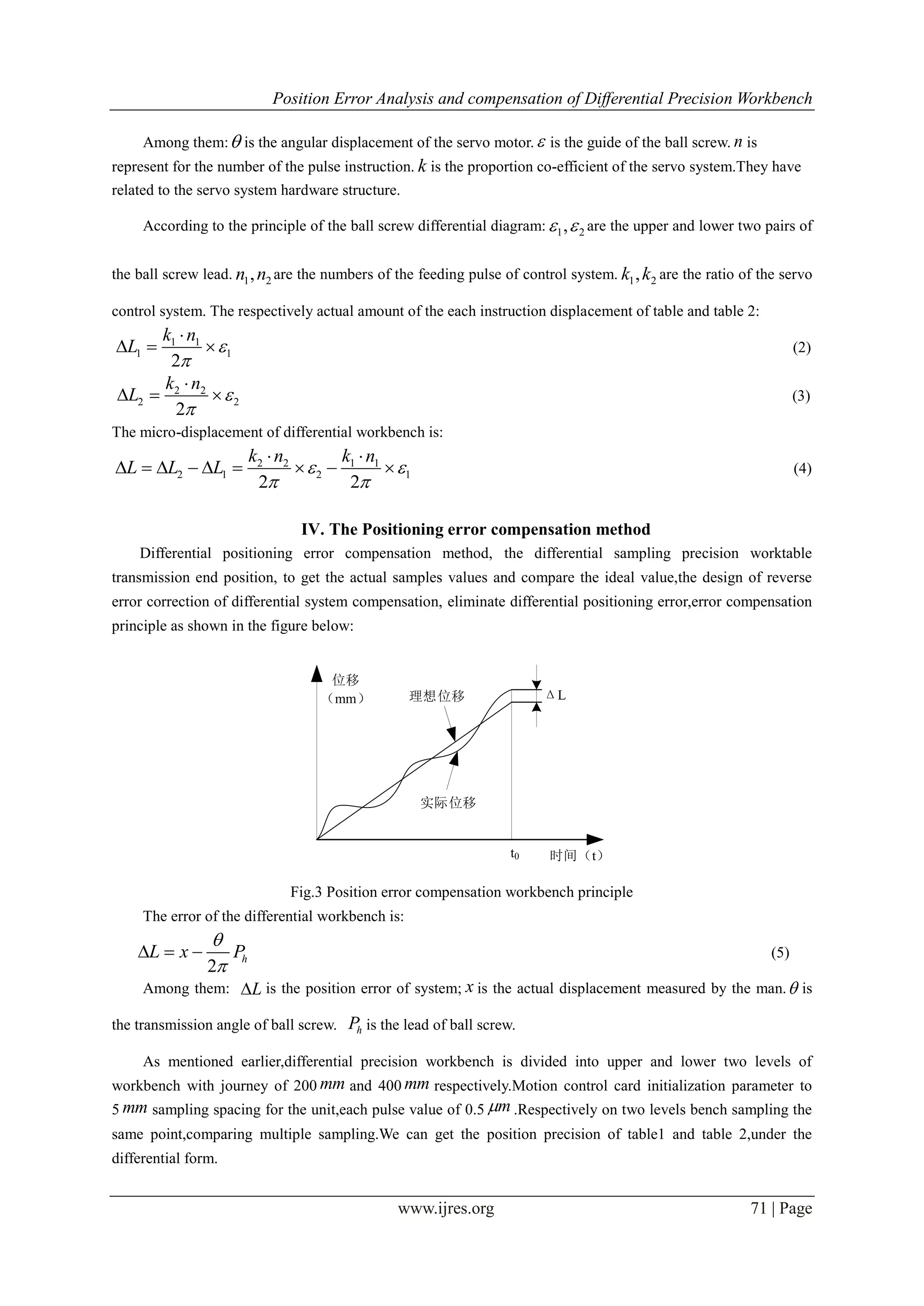 Position Error Analysis and compensation of Differential Precision Workbench
www.ijres.org 71 | Page
Among them: is the angular displacement of the servo motor. is the guide of the ball screw. n is
represent for the number of the pulse instruction. k is the proportion co-efficient of the servo system.They have
related to the servo system hardware structure.
According to the principle of the ball screw differential diagram: 21, are the upper and lower two pairs of
the ball screw lead. 21,nn are the numbers of the feeding pulse of control system. 21,kk are the ratio of the servo
control system. The respectively actual amount of the each instruction displacement of table and table 2:
1 1
1 1
2
k n
L 


   (2)
2 2
2 2
2
k n
L 


   (3)
The micro-displacement of differential workbench is:
2 2 1 1
2 1 2 1
2 2
k n k n
L L L  
 
 
         (4)
IV. The Positioning error compensation method
Differential positioning error compensation method, the differential sampling precision worktable
transmission end position, to get the actual samples values and compare the ideal value,the design of reverse
error correction of differential system compensation, eliminate differential positioning error,error compensation
principle as shown in the figure below:
位移
（mm） ΔL
时间（t）t0
理想位移
实际位移
Fig.3 Position error compensation workbench principle
The error of the differential workbench is:
2
hL x P


   (5)
Among them: L is the position error of system; x is the actual displacement measured by the man. is
the transmission angle of ball screw. hP is the lead of ball screw.
As mentioned earlier,differential precision workbench is divided into upper and lower two levels of
workbench with journey of 200 mm and 400 mm respectively.Motion control card initialization parameter to
5 mm sampling spacing for the unit,each pulse value of 0.5 m .Respectively on two levels bench sampling the
same point,comparing multiple sampling.We can get the position precision of table1 and table 2,under the
differential form.
 