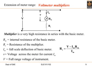 Dept of E&E ELE101/102 9
Voltmeter multipliers
Multiplier is a very high resistance in series with the basic meter.
Rm = internal resistance of the basic meter.
Rs = Resistance of the multiplier.
Im = full scale deflection of basic meter.
v= Voltage across the meter for current Im
V = Full range voltage of instrument.
V
v
Rs
Rm
Im
m
mm
s
I
RIV
R
−
=
Extension of meter range:
 