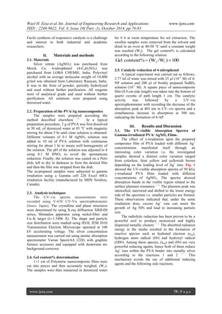 Wael H. Eisa et al.Int. Journal of Engineering Research and Applications www.ijera.com
ISSN : 2248-9622, Vol. 4, Issue 10( Part -1), October 2014, pp.74-83
www.ijera.com 75 | P a g e
Facile synthesis of responsive catalysts is a challenge
and interest to both industrial and academic
researchers.
II. Materials and methods
2.1. Materials
Silver nitrate (AgNO3) was purchased from
Merck Co. 4-nitrophenol (4-C6H5NO3) was
purchased from LOBA CHEMIE, India. Polyvinyl
alcohol with an average molecular weight of 14,000
g/mol was obtained from Laboratory Rasayan, India.
It was in the form of powder, partially hydrolyzed
and used without further purification. All reagents
were of analytical grade and used without further
purification. All solutions were prepared using
deionized water.
2.2. Preparation of the PVA/Ag nanocomposites
The samples were prepared according the
method described elsewhere [9].
In a typical
preparation procedure, 3 g of PVA was first dissolved
in 50 mL of deionized water at 85 o
C with magnetic
stirring for about 5 hr until clear solution is obtained.
Different volumes of 0.1 M AgNO3 solution was
added to 10 ml of PVA solution with continuous
stirring for about 1 hr to insure well homogeneity of
the solution. The pH of the solution was adjusted to 4
using 0.1 M HNO3 to avoid the spontaneous
reduction. Finally, the solution was casted on a Petri
dish, left to dry in darkness to form the desired film
and then the film was stripped from the dish.
The as-prepared samples were subjected to gamma
irradiation using a Gamma cell 220 Excel 60Co
irradiation facility (manufactured by MDS Nordion,
Canada).
2.3. Analysis techniques
The UV–vis spectra measurements were
recorded using V-630 UV-Vis spectrophotometer
(Jasco, Japan). The crystalline and phase structures
were determined by using X-ray diffraction XRD-DI
series, Shimadzu apparatus using nickel-filter and
Cu–K target (λ=1.5406 Å). The shape and particle
size distribution were studied using JEOL JEM 2010
Transmission Electron Microscope operated at 100
kV accelerating voltage. The silver concentration
measurement was carried out using atomic absorption
spectrometer Varian SpectrAA (220) with graphite
furnace accessory and equipped with deuterium arc
background corrector.
2.4. Gel content% determination
1×1 cm of Polymeric nanocomposite films were
cut into pieces and then accurately weighed, (W1).
The samples were then immersed in deionized water
for 6 h at room temperature for sol extraction. The
swollen samples were removed from the solvent and
dried in an oven at 40-50 °C until a constant weight
was reached (W2). The gel content% is calculated
according to the following relation:
100)/W(Wcontent%Gel 12 
2.5. Catalytic reduction of 4-nitrophenol
A typical experiment was carried out as follows;
2.77 ml of water was mixed with 25 µl (10-2
M) of 4-
NP solution and 200 µl of freshly prepared NaBH4
solution (10-1
M). A square piece of nanocomposite
film (0.9 cm side length) was taken into the bottom of
quartz cuvette of path length 1 cm. The catalytic
activity was followed by a UV–vis
spectrophotometer with recording the decrease of the
absorption peak at 403 nm in UV–vis spectra and a
simultaneous increase in absorption at 300 nm,
indicating the formation of 4-AP.
III. Results and Discussion
3.1. The UV-visible Absorption Spectra of
Gamma-irradiated PVA/ AgNO3 Films.
The effect of γ-irradiation upon the prepared
composites film of PVA loaded with different Ag+
concentrations manifested itself through an
interesting color variation i.e. the investigated
samples showed a distinct color variation ranged
from colorless, faint yellow and yellowish brown
depending on the loading level of Ag+
ions. Fig. 1
showed the UV-visible absorption spectra of 50 kGy
γ-irradiated PVA films loaded with different
concentrations of AgNO3. The spectra showed
absorption bands in the visible region related to the
surface plasmon resonance [10].
The plasmon peak was
intensified, narrowed and shifted to the lower energy
side of the spectrum i.e. smaller particles are formed.
These observations indicated that, under the same
irradiation dose, excess Ag+
ions can assist the
growth of Ag NPs and lead to increasing particle
size.
The radiolytic reduction has been proven to be a
powerful tool to produce monosized and highly
dispersed metallic clusters [11].
The absorbed radiation
energy in the media resulted in the formation of
reactive species such as hydrated electron (eaq),
hydrogen atom radical (H•) and hydroxyl radical
(OH•). Among these species, (eaq) and (H•) are very
powerful reducing agents, hence both of them reduce
Ag+
ions within the PVA binder into metallic silver
according to the reactions 1 and 2 [12].
This
mechanism avoids the use of additional reducing
agents and the following side reactions.
 