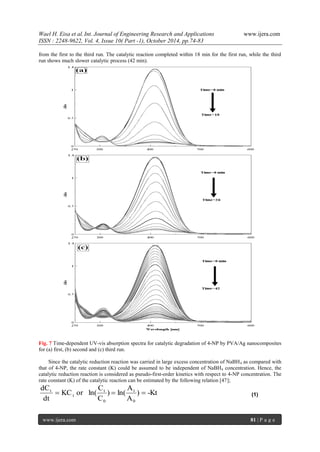 Wael H. Eisa et al.Int. Journal of Engineering Research and Applications www.ijera.com
ISSN : 2248-9622, Vol. 4, Issue 10( Part -1), October 2014, pp.74-83
www.ijera.com 81 | P a g e
from the first to the third run. The catalytic reaction completed within 18 min for the first run, while the third
run shows much slower catalytic process (42 min).
Fig. 7 Time-dependent UV-vis absorption spectra for catalytic degradation of 4-NP by PVA/Ag nanocomposites
for (a) first, (b) second and (c) third run.
Since the catalytic reduction reaction was carried in large excess concentration of NaBH4 as compared with
that of 4-NP, the rate constant (K) could be assumed to be independent of NaBH4 concentration. Hence, the
catalytic reduction reaction is considered as pseudo-first-order kinetics with respect to 4-NP concentration. The
rate constant (K) of the catalytic reaction can be estimated by the following relation [47];
-Kt)
A
A
ln()
C
C
ln(orKC
dt
dC
0
t
0
t
t
t
 (1)
 