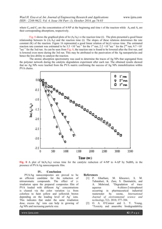 Wael H. Eisa et al.Int. Journal of Engineering Research and Applications www.ijera.com
ISSN : 2248-9622, Vol. 4, Issue 10( Part -1), October 2014, pp.74-83
www.ijera.com 82 | P a g e
where C0 and Ct are the concentration of 4-NP at the beginning and time t of the reaction while A0 and At are
their corresponding absorptions, respectively.
Fig. 8 shows the graphical plots of ln (At/A0) vs the reaction time (t). The plots presented a good linear
relationship between ln (At/A0) and the reaction time (t). The slopes of these relations determines the rate
constant (K) of the reaction. Figure 16 represented a good linear relation of ln(A) versus time. The estimated
reaction rate constant was estimated to be 3.5 ×10–3
sec–1
for the 1st
run; 2.2 ×10–3
sec–1
for the 2nd
run; 9.7 ×10–
4
sec–1
for the 3ed run. As can be seen from Fig. 8, the reaction rate is found to be lowered after the first run, and
is lowered even more during the 3rd run. This may be attributed to the passivation of the Ag nanoparticles and
hence the less ability to catalyze the reaction.
The atomic absorption spectrometry was used to determine the traces of Ag NPs that segregated from
the polymer network during the catalytic degradation experiment after each run. The obtained results showed
that no Ag NPs were leached from the PVA matrix confirming the success of Ag NPs immobilization within
PVA chains.
Fig. 8 A plot of ln(At/A0) versus time for the catalytic reduction of 4-NP to 4-AP by NaBH4 in the
presence of PVA/Ag nanocomposite film.
IV. Conclusion
PVA/Ag nanocomposites are proved to be
an efficient candidate for the reduction of
nitroaromatic compounds. The effect of γ-
irradiation upon the prepared composites film of
PVA loaded with different Ag+
concentrations
is cleared via the color variation i.e. from
colorless to faint yellow and yellowish brown
depending on the loading level of Ag+
ions.
This indicates that under the same irradiation
dose, excess Ag+
ions can help in growing of
Ag NPs and increasing particle size.
References
[1] P. Gharbani, M. Khosravi, S. M.
Tabatabaii, K. Zare, S. Dastmalchi, and
A. Mehrizad, “Degradation of trace
aqueous 4-chloro-2-nitrophenol
occurring in pharmaceutical industrial
wastewater by ozone, International
Journal of environmental science and
technology,7(2), 2010, 377–384.
[2] O. A. O‟Connor and L. Y. Young,
“Toxicity and anaerobic biodegradability
 