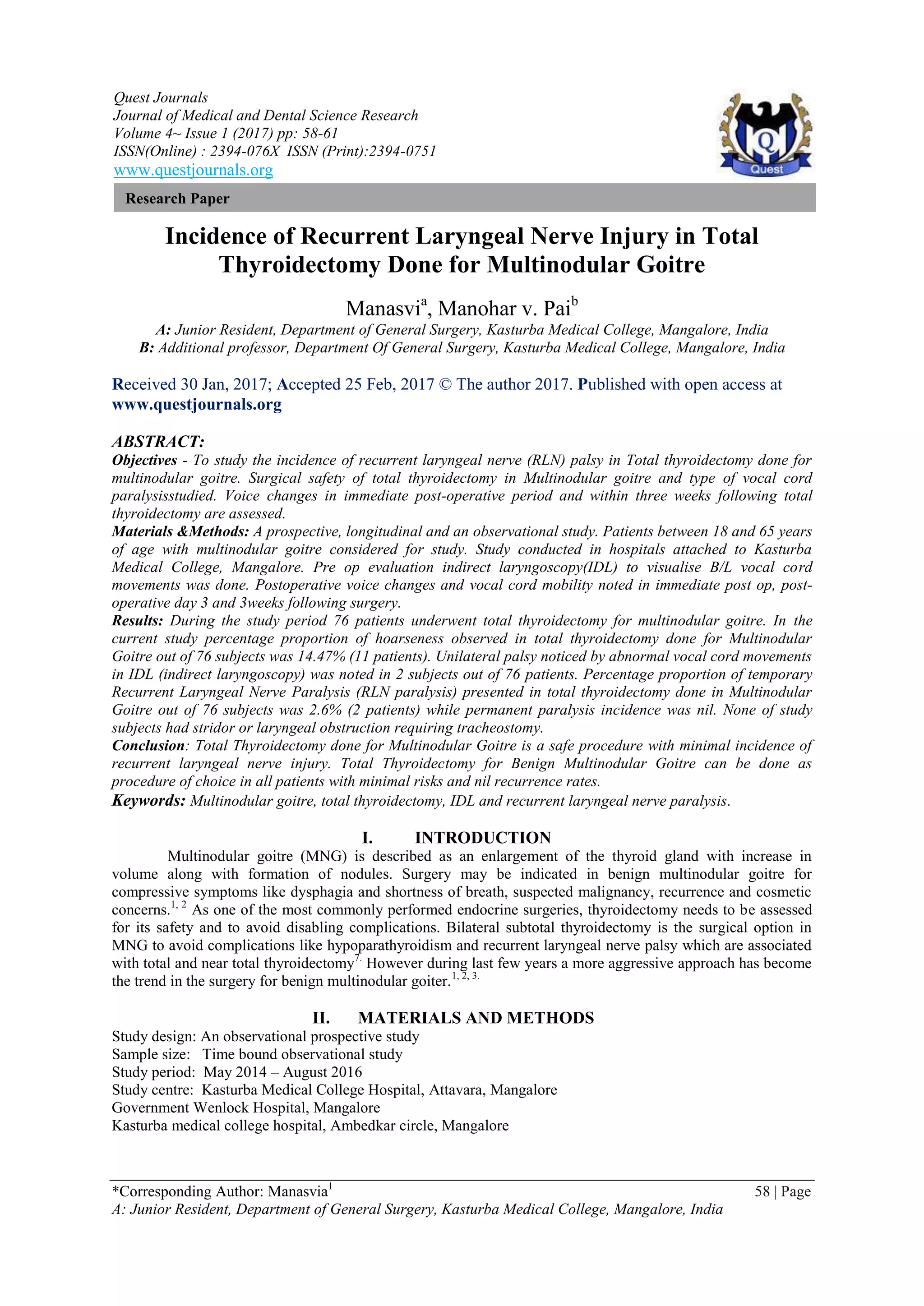 Incidence of Recurrent Laryngeal Nerve Injury in Total Thyroidectomy ...