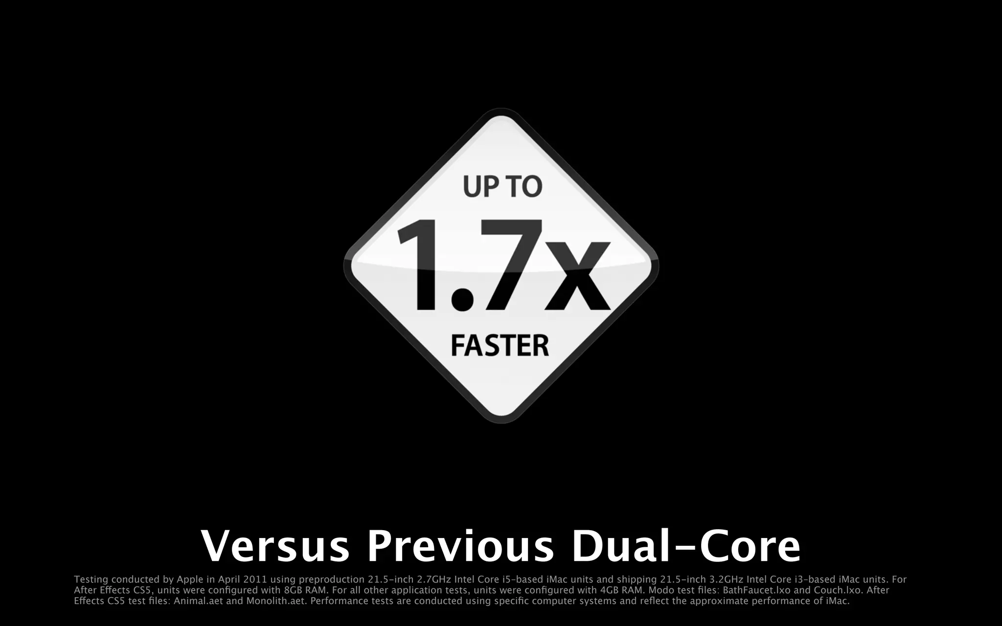 Versus Previous Dual-Core
Testing conducted by Apple in April 2011 using preproduction 21.5-inch 2.7GHz Intel Core i5–based iMac units and shipping 21.5-inch 3.2GHz Intel Core i3–based iMac units. For
After Effects CS5, units were conﬁgured with 8GB RAM. For all other application tests, units were conﬁgured with 4GB RAM. Modo test ﬁles: BathFaucet.lxo and Couch.lxo. After
Effects CS5 test ﬁles: Animal.aet and Monolith.aet. Performance tests are conducted using speciﬁc computer systems and reﬂect the approximate performance of iMac.
 
