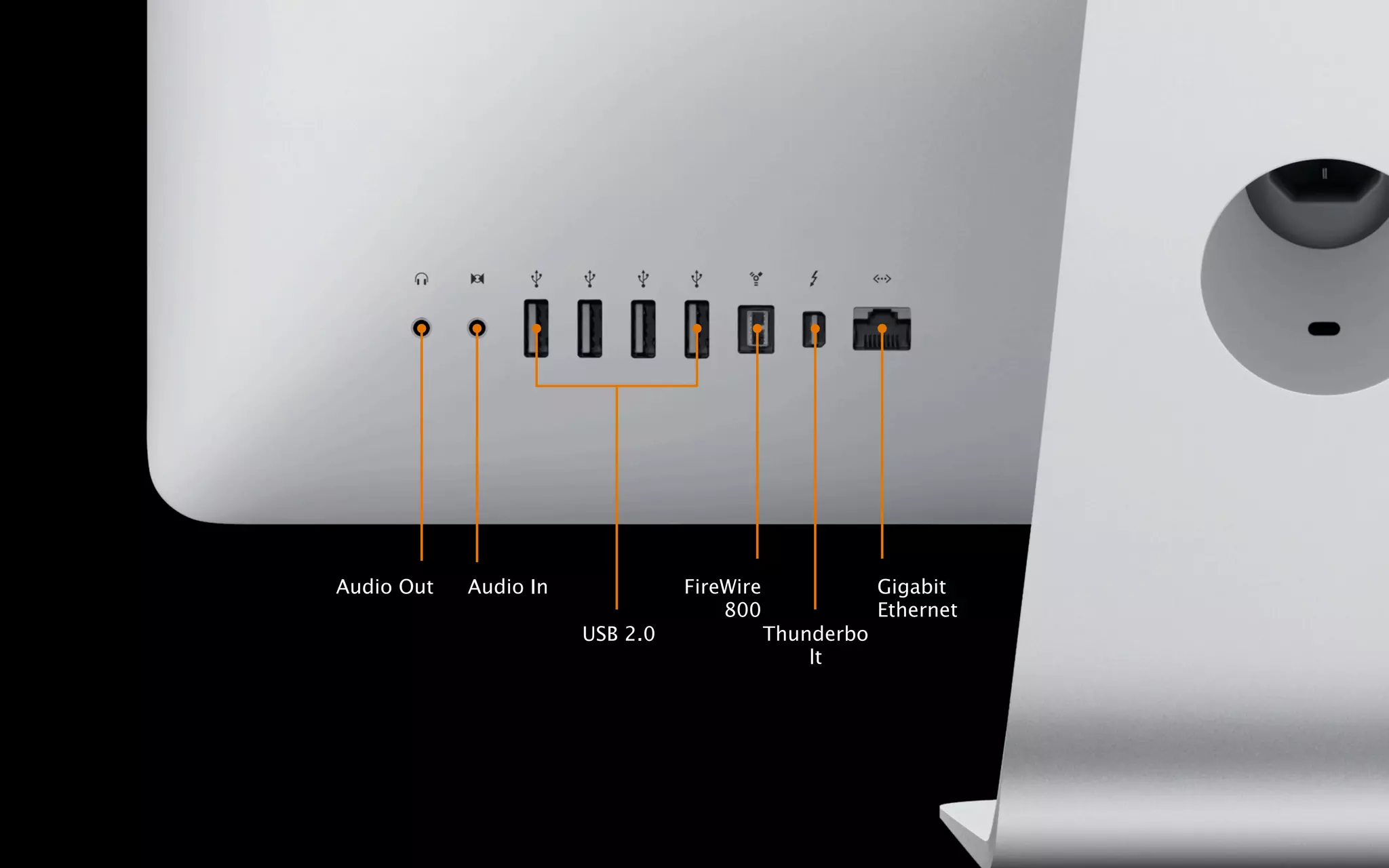 Audio Out   Audio In             FireWire               Gigabit
                                     800                Ethernet
                       USB 2.0              Thunderbo
                                                lt
 